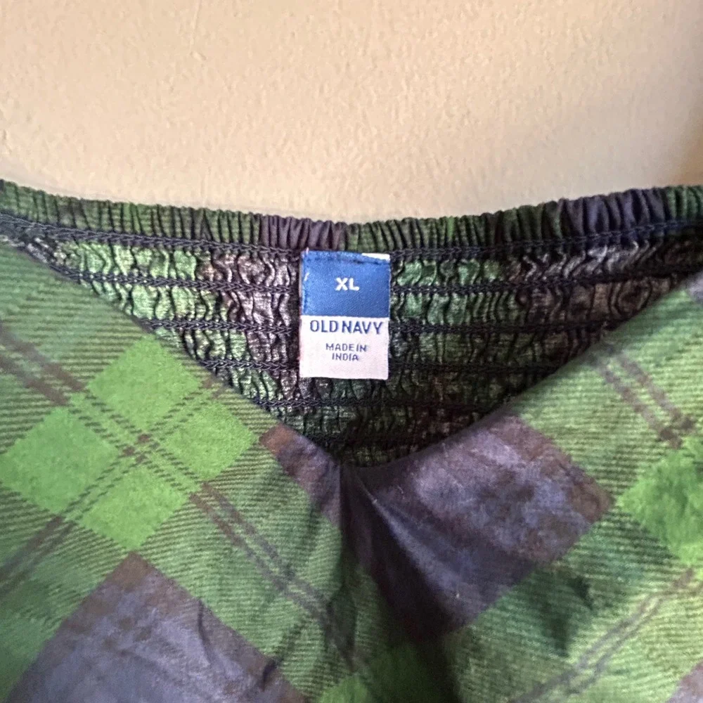 Old Navy Womens XL Green Navy Plaid‎ Puff Sleeve Smocked Peplum Blouse Top